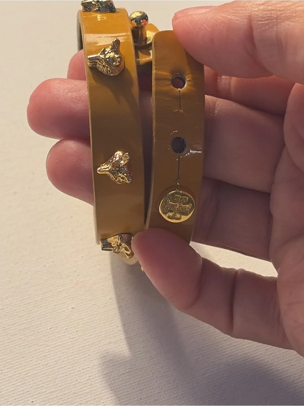 Tory Burch Mustard Patent Double-Wrap Bracelet with Gold Fox Studs